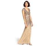 Adrianna Papell Women's Long Beaded V-Neck Dress with Cap Sleeves and Waistband, Nude, 14