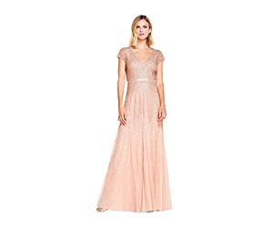 Adrianna Papell Vestido Largo con Cuello en V y Cuentas para Mujer con Mangas y Cintura - Rosa - 38