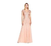 Adrianna Papell Women's Long Beaded V-Neck Dress with Cap Sleeves and Waistband, Blush, 4