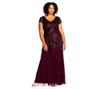 Adrianna Papell Women's Long Beaded V-Neck Dress with Cap Sleeves and Waistband, Cassis, 12