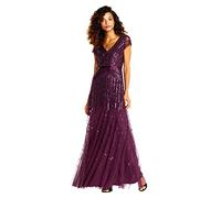 Adrianna Papell Women's Long Beaded V-Neck Dress with Cap Sleeves and Waistband, Cassis, 12