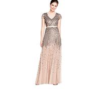 Adrianna Papell Women's Long Beaded V-Neck Dress with Cap Sleeves and Waistband, Nude, 10