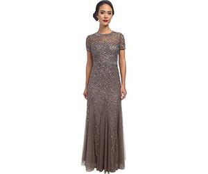 Adrianna Papell Women's Short Sleeve Beaded Mesh Gown, Lead, 10