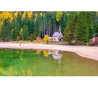adrium Cuadro de aluminio compuesto de 80 x 50 cm: pintoresco paisaje otoñal de la histórica capilla reflejada en las aguas del pintoresco lago Wildsee de Pragas - Pragser