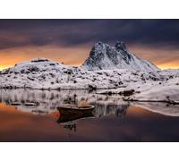 adrium Cuadro de madera de 120 x 80 cm: barco de pesca en fiordo en las montañas de nieve, Lofoten (74711857)