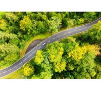 adrium Cuadro de madera de 120 x 80 cm: un camino a través de un bosque verde. Paisaje aéreo. Summer Landcape from the air en Suiza. Bosque y camino recto (181236454)