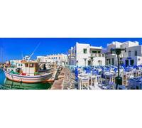 adrium Cuadro en lienzo de 160 x 60 cm: viajes a Grecia, isla de Paros, pueblo pesquero de Naoussa, con vistas al puerto con bares de la calle y (170126234)