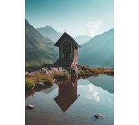 adrium Póster de 50 x 70 cm: Un tiro vertical de una pequeña iglesia junto al agua con montañas en el fondo (199563469)