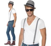 Adulto Ska Dos Tonos Disfraz Sombrero Trilby & Tirantes de Cuadros Smiffys