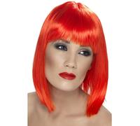 Adultos Rojo Neón Glam Peluca Corto Blunt con Flecos Disfraz para Dama