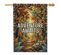 Adventure Awaits - Bandera de casa con cita de bosque otoñal, 71 x 101 cm | Paisaje otoñal, bandera de césped, camino del bosque, brújula vintage, tema de senderismo, cita inspiradora