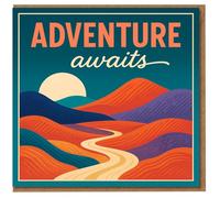 Adventure Awaits - Tarjeta de felicitación inspiradora para graduación, nuevo trabajo, despedida o buen viaje, diseño de paisaje colorido, interior en blanco