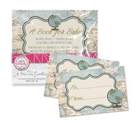 Adventure Awaits World Traveler - Tarjetas de felicitación para baby showers, 20 tarjetas de doble cara de 2.5 x 4 pulgadas de AmandaCreation, invitan a los invitados a traer un libro para la nueva llegada