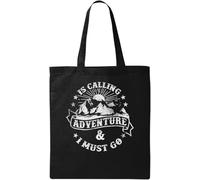 Adventure is Calling Adventure and I Must Go Mountain Sunrise - Bolsa de algodón ecológico natural con gráfico minimalista, color negro, Black, Talla única