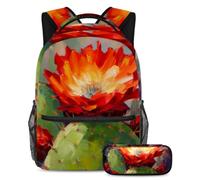 Adventure-Ready Essentials, Juego de 2 mochilas escolares para niños con mochila de gran capacidad y estuche para lápices, para niños, niñas y adolescentes, flores de cactus rojas, multicolor,