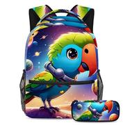 Adventure-Ready Essentials, Juego de 2 mochilas escolares para niños con mochila de gran capacidad y estuche para lápices para niños, niñas y adolescentes, lindo loro en el espacio, Multicolor#05,