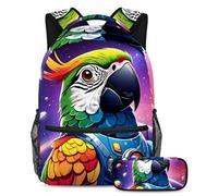 Adventure-Ready Essentials, Juego de 2 mochilas escolares para niños con mochila de gran capacidad y estuche para lápices para niños, niñas y adolescentes, lindo loro en el espacio, Multicolor#01,