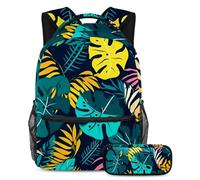 Adventure-Ready Essentials, Juego de 2 mochilas escolares para niños con mochila de gran capacidad y estuche para lápices, para niños, niñas y adolescentes, hojas de coco, Multicolor#03,