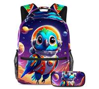 Adventure-Ready Essentials, Juego de 2 mochilas escolares para niños con mochila de gran capacidad y estuche para lápices para niños, niñas y adolescentes, lindo loro en el espacio, Multicolor#07,