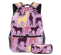 Adventure Ready, mochila con estuche para lápices, juego de 2 mochilas escolares duraderas para niños, niñas y adolescentes, silueta de animal morado, multicolor, B：29.4x20x40cm P：19x7.5x3.8cm,