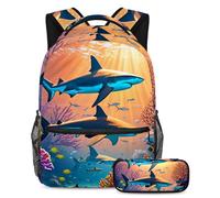 Adventure Ready, mochila con estuche para lápices, juego de 2 mochilas escolares duraderas para niños, niñas y adolescentes, lindo tiburón, multicolor, B：29.4x20x40cm P：19x7.5x3.8cm, Mochilas de día