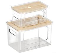 Advokingtap Caja de almacenamiento apilable de 2 piezas con tapa de madera de plástico PET para cocina, baño, sala de estar, oficina organización(E)