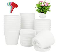 ADXCO Paquete de 24 macetas de plástico de 4 Pulgadas con platillos, macetas Blancas, macetas de guardería y 24 Etiquetas para Plantas de Interior y Exterior, contenedores de jardinería, Color Blanco