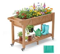 AeasyG Macetero Elevado 120x44x70cm, Huerta Urbana con Ruedas y Asa, 3 Ganchos y Forro No Tejido, para Hortalizas Flores Hierbas Aromáticas, Jardín Balcón Terraza, Efecto Teca