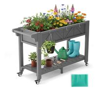 AeasyG Macetero Elevado 120x44x70cm, Huerta Urbana con Ruedas y Asa, 3 Ganchos y Forro No Tejido, para Hortalizas Flores Hierbas Aromáticas, Jardín Balcón Terraza, Gris