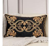 Aeckself Funda de cojín Europea de Terciopelo de Lujo de 12 x 20 Pulgadas, Funda de Almohada Lumbar Bordada Floral para sofá, Silla, Dormitorio, Sala de Estar, Negro y Dorado, 30 x 50 cm