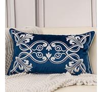 Aeckself - Funda de cojín Floral Europea, Funda de cojín Lumbar Decorativa Bordada de Terciopelo para sofá, Dormitorio, Sala de Estar, 28 x 50 cm, Azul Marino y Blanco