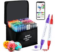 AEDAGA Rotuladores de pintura acrílica numerados de 120 colores con aplicación gratuita, marcadores de pintura acrílica de doble punta con punta de pincel y punta fina para adultos, huevos, madera