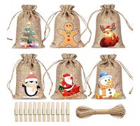 Aeetial - 12 bolsas de regalo de arpillera de yute de Navidad con cordón, pequeñas bolsas de caramelos, bolsas de manzana con clips y cuerdas de cáñamo de 10 m para regalos de Navidad, decoración de