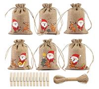 Aeetial - 12 bolsas de regalo de arpillera de yute de Navidad con cordón, pequeñas bolsas de caramelos, bolsas de manzana con clips y cuerdas de cáñamo de 10 m para regalos de Navidad, decoración de