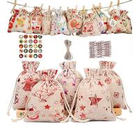 Aeetial 24 bolsas de regalo de Navidad con cordón de yute, bolsas pequeñas de caramelos, bolsas de manzana con clips, etiquetas adhesivas y cuerdas de cáñamo de 10 m para regalos de Navidad,