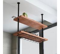 AEGCAOJH Estante de Techo para Copas de Vino, Estante de Almacenamiento de Madera Maciza de Hierro, Estante Colgante para Vino, estantes flotantes de 2 Capas para Bar, Restaurante, Cocina,