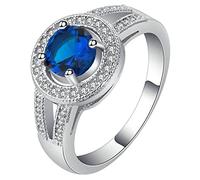 Aeici Anillo de boda para mujer, anillo de boda con placa de oro redondo, anillo azul plateado, one size, Metal, Zirconia cúbica