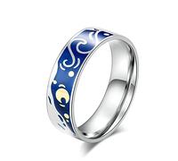 Aeici Anillo para hombres y mujeres, anillos uniformes cielo estrellado azul luna para él / sus anillos de boda de mujer tamaño de acero inoxidable, Plata