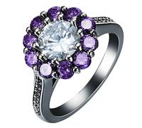 Aeici Anillos de compromiso para mujer, anillo de boda con placa de oro flor elegante anillo negro, one size, Metal, Zirconia cúbica