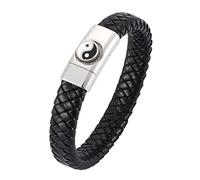 Aeici Pulsera de acero inoxidable para hombre, pulseras de cuero para hombre, pulsera trenzada negra con hebilla de plata, pulsera punk gótico, Acero inoxidable Cuero Plata