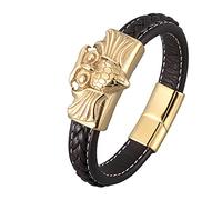 Aeici Pulsera de acero para hombre, elegante, pulsera de hombre de acero y cuero, pulsera para hombre, pulsera de 12 mm con búho