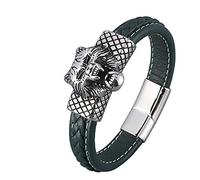 Aeici Pulsera de acero para hombre elegante, pulseras de cuero sencillas pulsera para hombre pulsera 12 mm con cabeza de lobo de plata