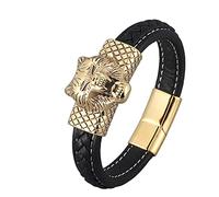 Aeici Pulsera de acero y cadena, pulsera de hombre de acero y cuero, pulsera de 12 mm con cabeza de lobo