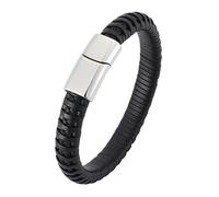 Aeici Pulseras de acero inoxidable para hombre, pulsera de piel para hombre, pulsera negra con hebilla de plata