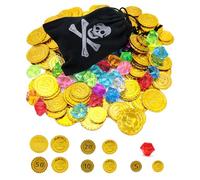 AEKZOX 100 Piezas Set de Tesoro Pirata con 50 Monedas de Oro y 50 Gemas de Pirata, Perfecto para Decoración de Fiesta Infantil, Cofre del Tesoro para Cumpleaños Infantil (Bolsa de Terciopelo Negro)