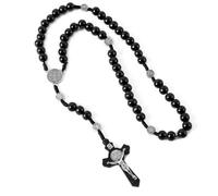 AEKZOX Collar de Rosario Católico con Cuentas de Madera y Colgante de Cruz Grabado con la Imagen de Jesucristo, Ideal para Sacramentos, Bautizos, Misas y Lecturas Bíblicas (negro)