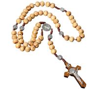 AEKZOX Collar de Rosario Católico con Cuentas de Madera y Colgante de Cruz Grabado con la Imagen de Jesucristo, Ideal para Sacramentos, Bautizos, Misas y Lecturas Bíblicas (Color Madera)