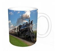 AELKSP Tazas grandes de 330 ml para café, tazas desayuno, té y bebidas calientes, tazas de cafe,Imagen de una locomotora de vapor negra vintage en un paisaje rural con hierb,regalo aniversario pareja