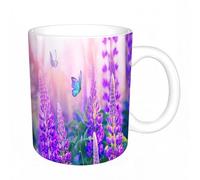 AELKSP Tazas grandes de 330 ml para café, tazas desayuno, té y bebidas calientes, tazas de cafe,Las mariposas azules revolotean entre las flores de lupino púrpura con una he,regalo aniversario pareja