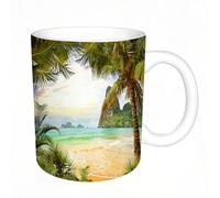 AELKSP Tazas grandes de 330 ml para café, tazas desayuno, té y bebidas calientes, tazas de cafe,Océano, palmeras, cocoteros y olas del mar a través de las montañas en Paradi,regalo aniversario pareja